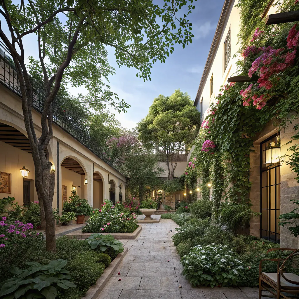 A serene courtyard with lush greenery